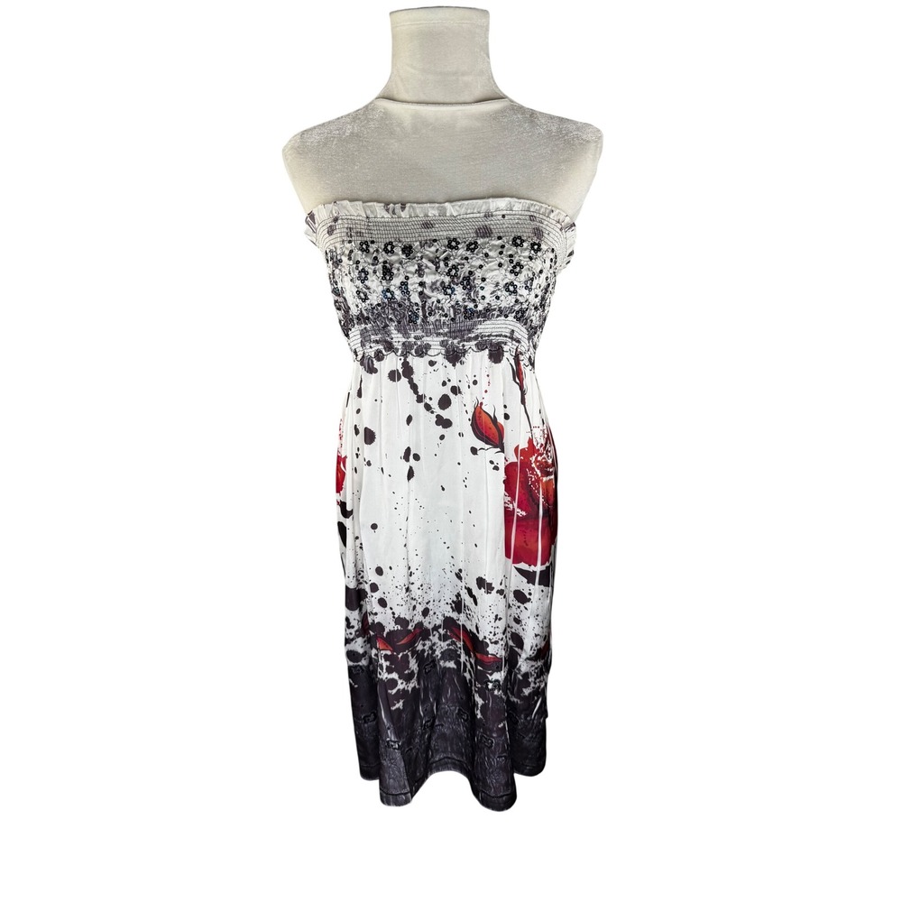 Lapis Strapless Smocked Midi Dress Rose Ink Splatter Sequin White Red Black OS